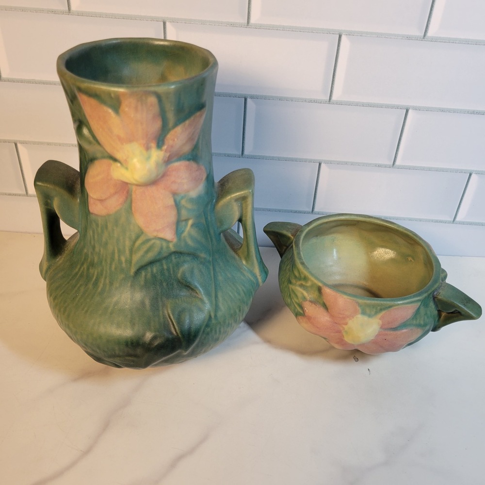 Roseville Art Pottery Clematis Green Vase and Bowl Vintage Floral Double Handles